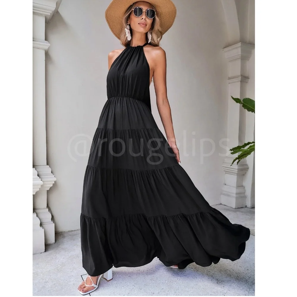 Black Maxi Dress Halter Neck Ties Backless Open Back Flared Long Ruffle Hem - Picture 2 of 8